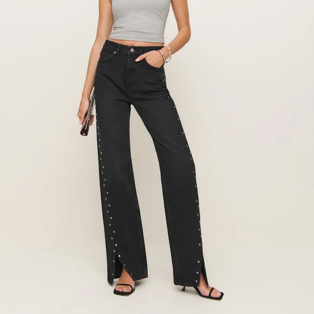 Reformation Cary High Rise Slouchy Straight Leg Jeans Black - Size 28